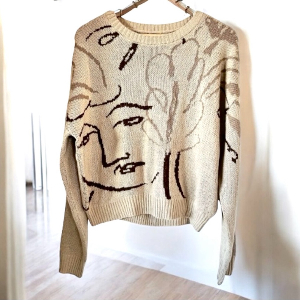 Coney Island Picnic Faces Artistic Face Design Sweater Cream and Black S…